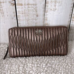 Coach Metallic Bronze Madison Gathered Leather Accordion Zip Wallet